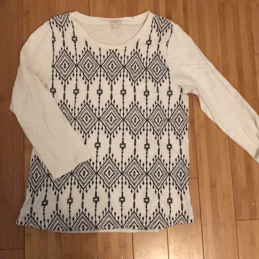 J Crew white and black embroidered top